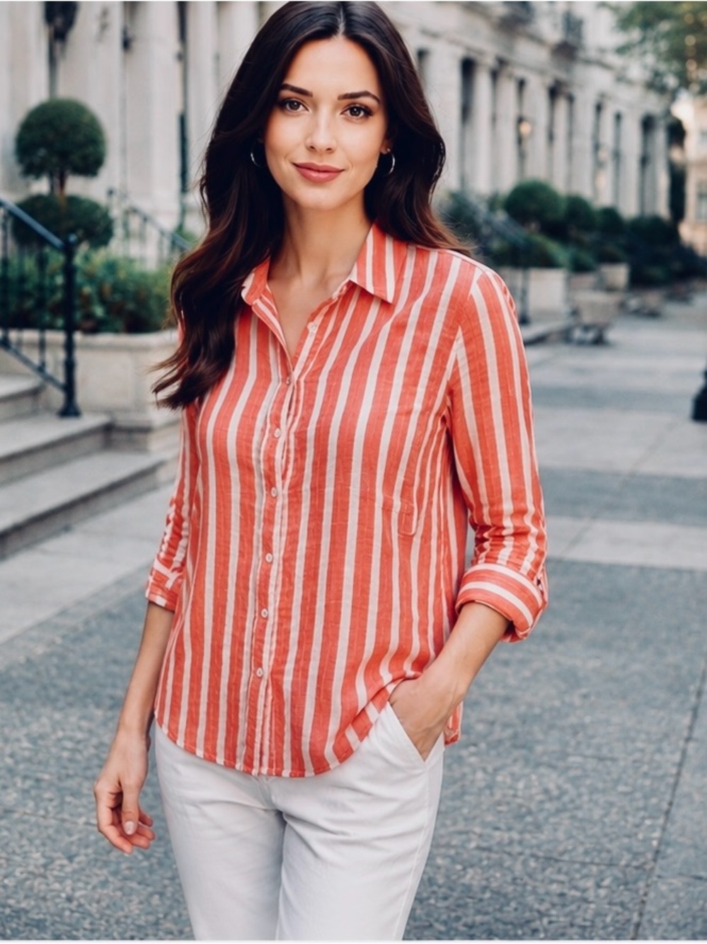 Universal Thread Coral & White Striped Button Down Relaxed Fit Top Small